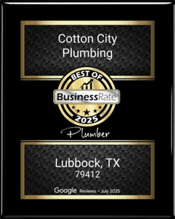Cotton City Plumbing Best of BusinessRate 2025 award plaque, Lubbock, TX 79412.